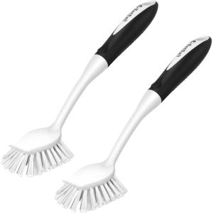 imageSetSail Dish Brush with Handle 2 Pack Stiff Bristles Dish Scrubber with Builtin Scraper Dish Scrub Brushes for Cleaning Dishes Pots and Pans Kitchen SinkBlackwhite