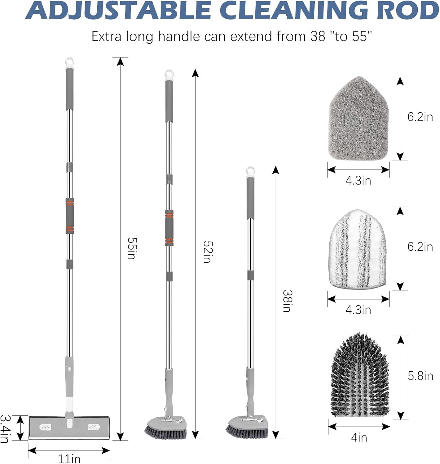 imageSetSail 4in1 Tile Tub Floor Scrubber with 52inch Long Adjustable Handle Shower Cleaner Brush with VShaped Grout Brush and 3 Replacement Brush Heads for Bathroom Kitchen Sink Walls Tub Tile GreyGray