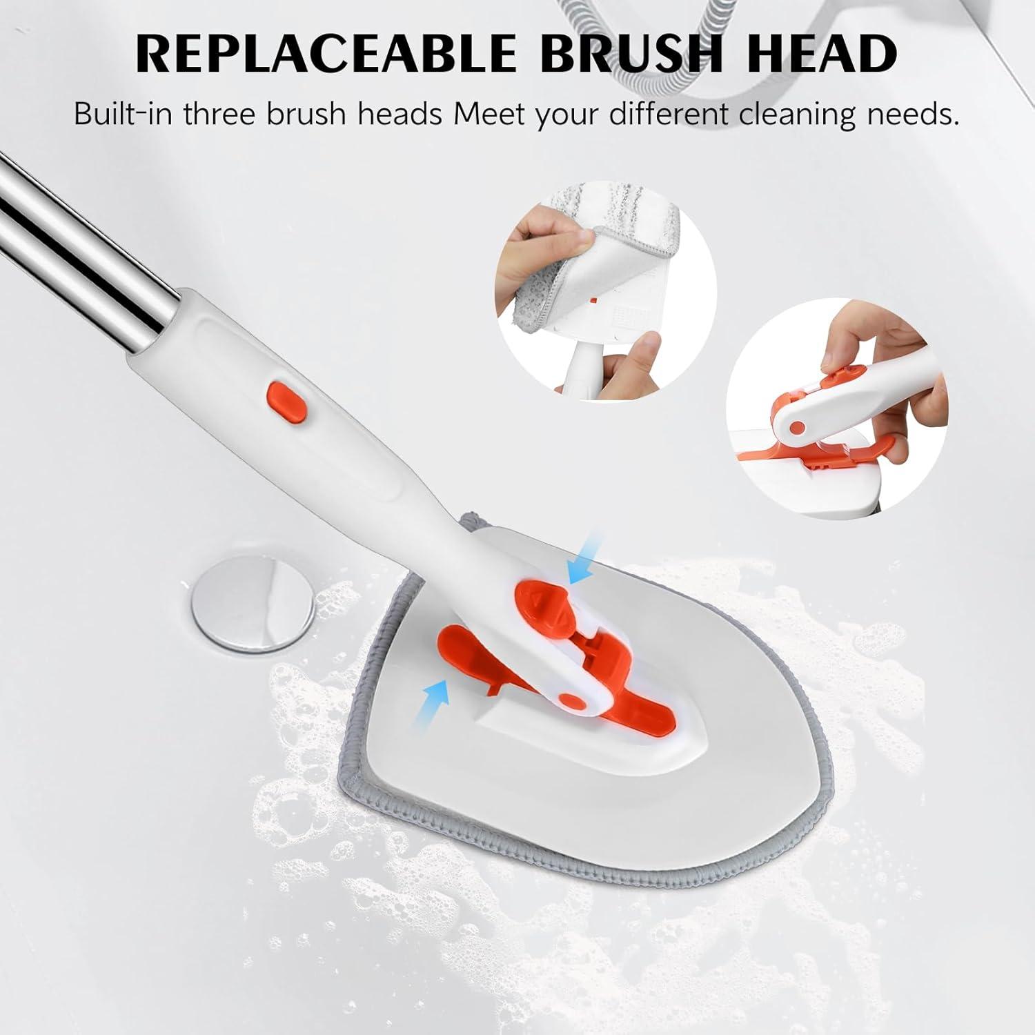 imageSetSail 4in1 Tile Tub Floor Scrubber with 52inch Long Adjustable Handle Shower Cleaner Brush with VShaped Grout Brush and 3 Replacement Brush Heads for Bathroom Kitchen Sink Walls Tub Tile GreyOrange