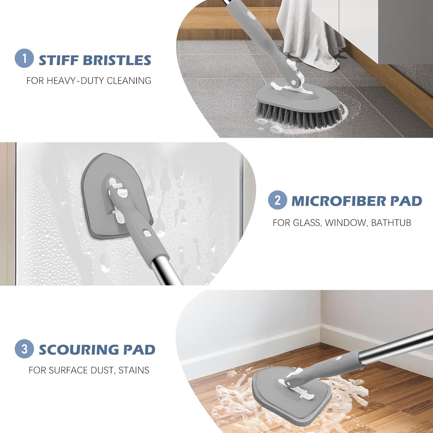 imageSetSail 4in1 Tile Tub Floor Scrubber with 52inch Long Adjustable Handle Shower Cleaner Brush with VShaped Grout Brush and 3 Replacement Brush Heads for Bathroom Kitchen Sink Walls Tub Tile GreyGray
