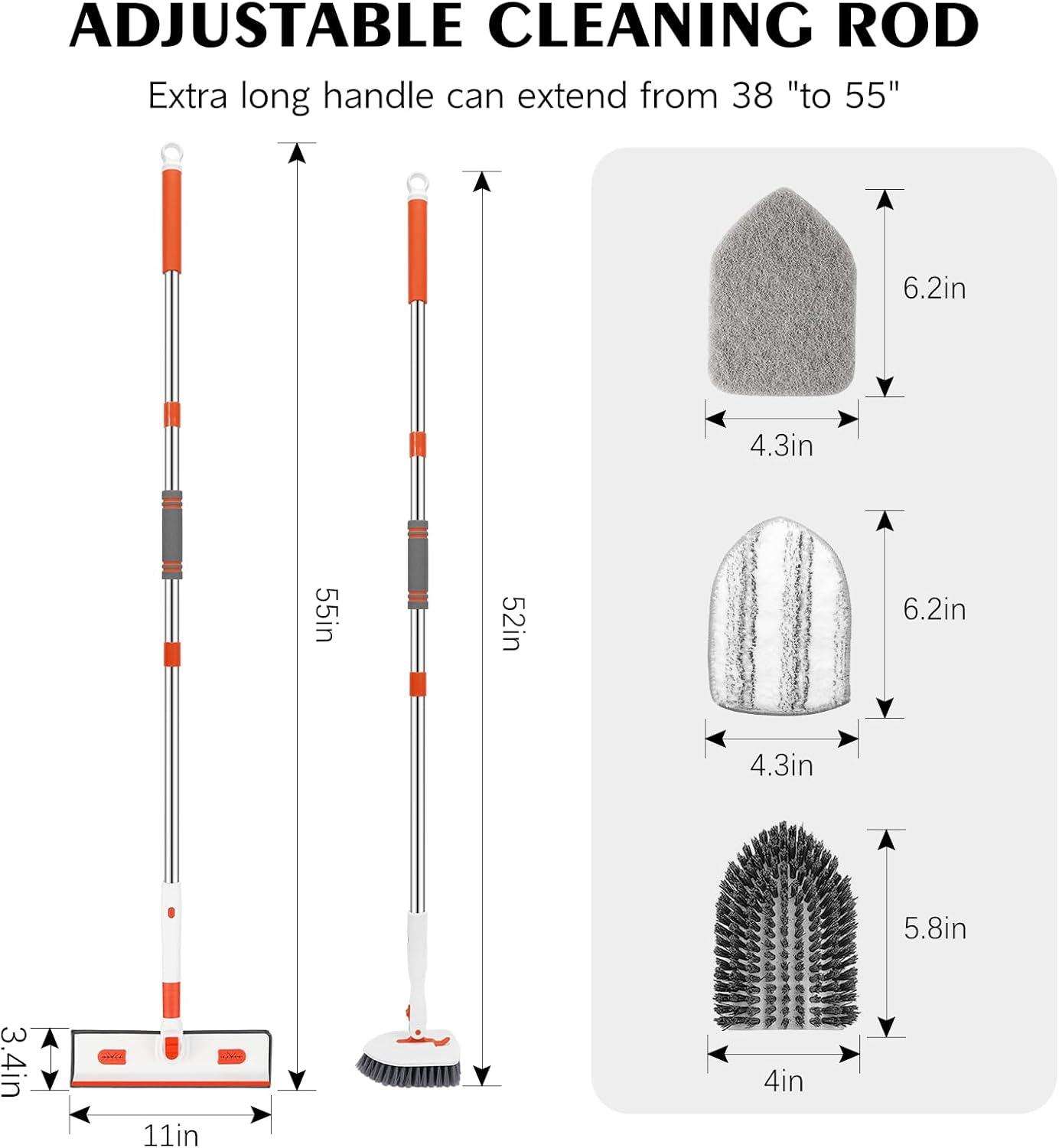 imageSetSail 4in1 Tile Tub Floor Scrubber with 52inch Long Adjustable Handle Shower Cleaner Brush with VShaped Grout Brush and 3 Replacement Brush Heads for Bathroom Kitchen Sink Walls Tub Tile GreyOrange