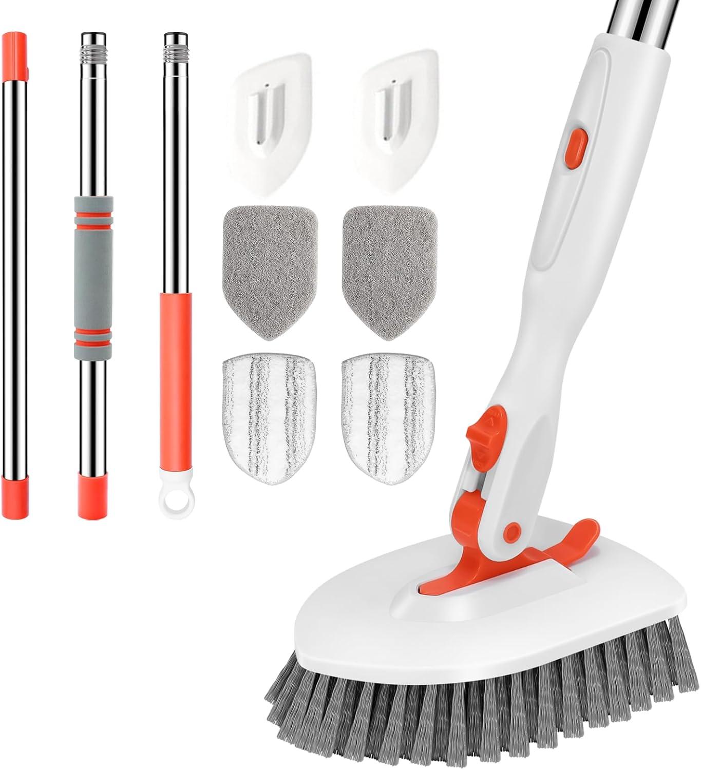 imageSetSail 4in1 Tile Tub Floor Scrubber with 52inch Long Adjustable Handle Shower Cleaner Brush with VShaped Grout Brush and 3 Replacement Brush Heads for Bathroom Kitchen Sink Walls Tub Tile GreyOrange