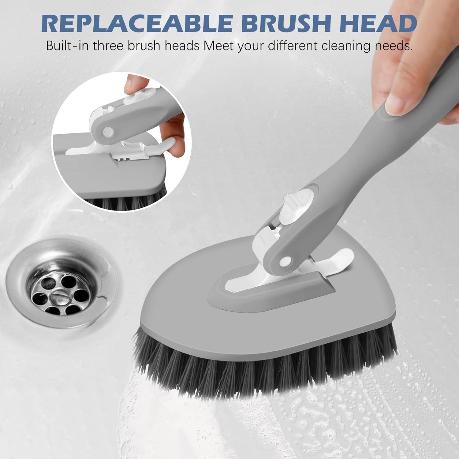 imageSetSail 4in1 Tile Tub Floor Scrubber with 52inch Long Adjustable Handle Shower Cleaner Brush with VShaped Grout Brush and 3 Replacement Brush Heads for Bathroom Kitchen Sink Walls Tub Tile GreyGray
