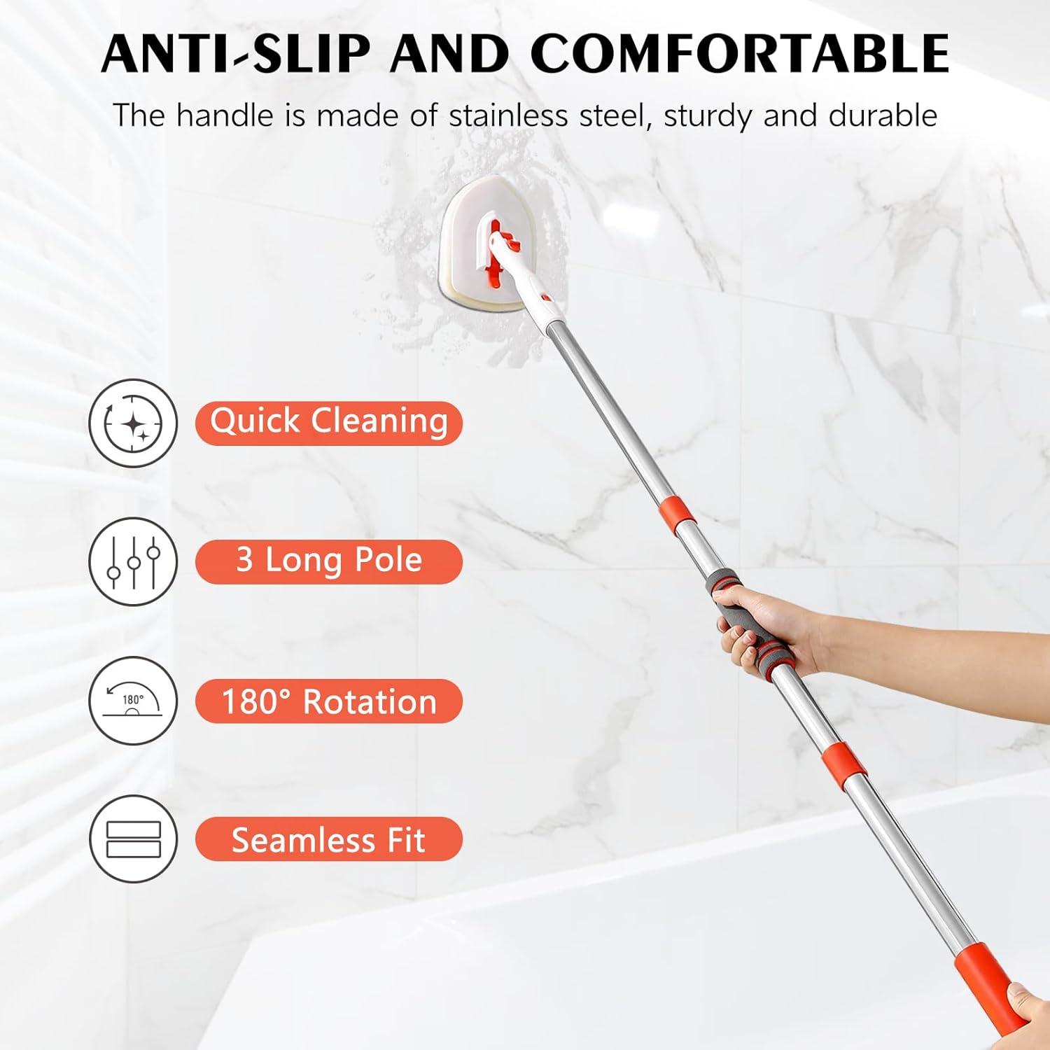 imageSetSail 4in1 Tile Tub Floor Scrubber with 52inch Long Adjustable Handle Shower Cleaner Brush with VShaped Grout Brush and 3 Replacement Brush Heads for Bathroom Kitchen Sink Walls Tub Tile GreyOrange