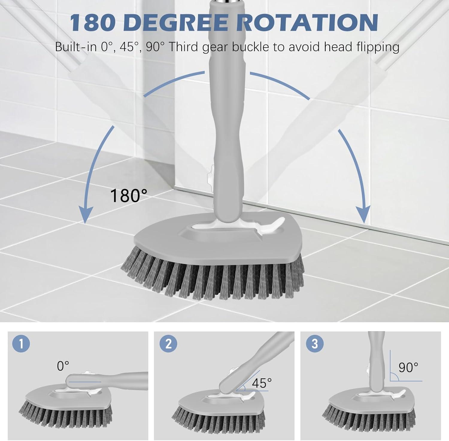 imageSetSail 4in1 Tile Tub Floor Scrubber with 52inch Long Adjustable Handle Shower Cleaner Brush with VShaped Grout Brush and 3 Replacement Brush Heads for Bathroom Kitchen Sink Walls Tub Tile GreyGray