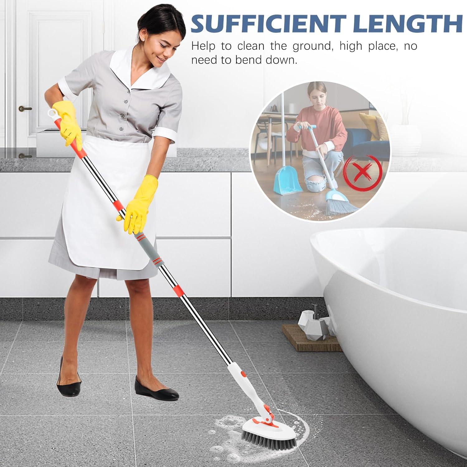 imageSetSail 4in1 Tile Tub Floor Scrubber with 52inch Long Adjustable Handle Shower Cleaner Brush with VShaped Grout Brush and 3 Replacement Brush Heads for Bathroom Kitchen Sink Walls Tub Tile GreyOrange