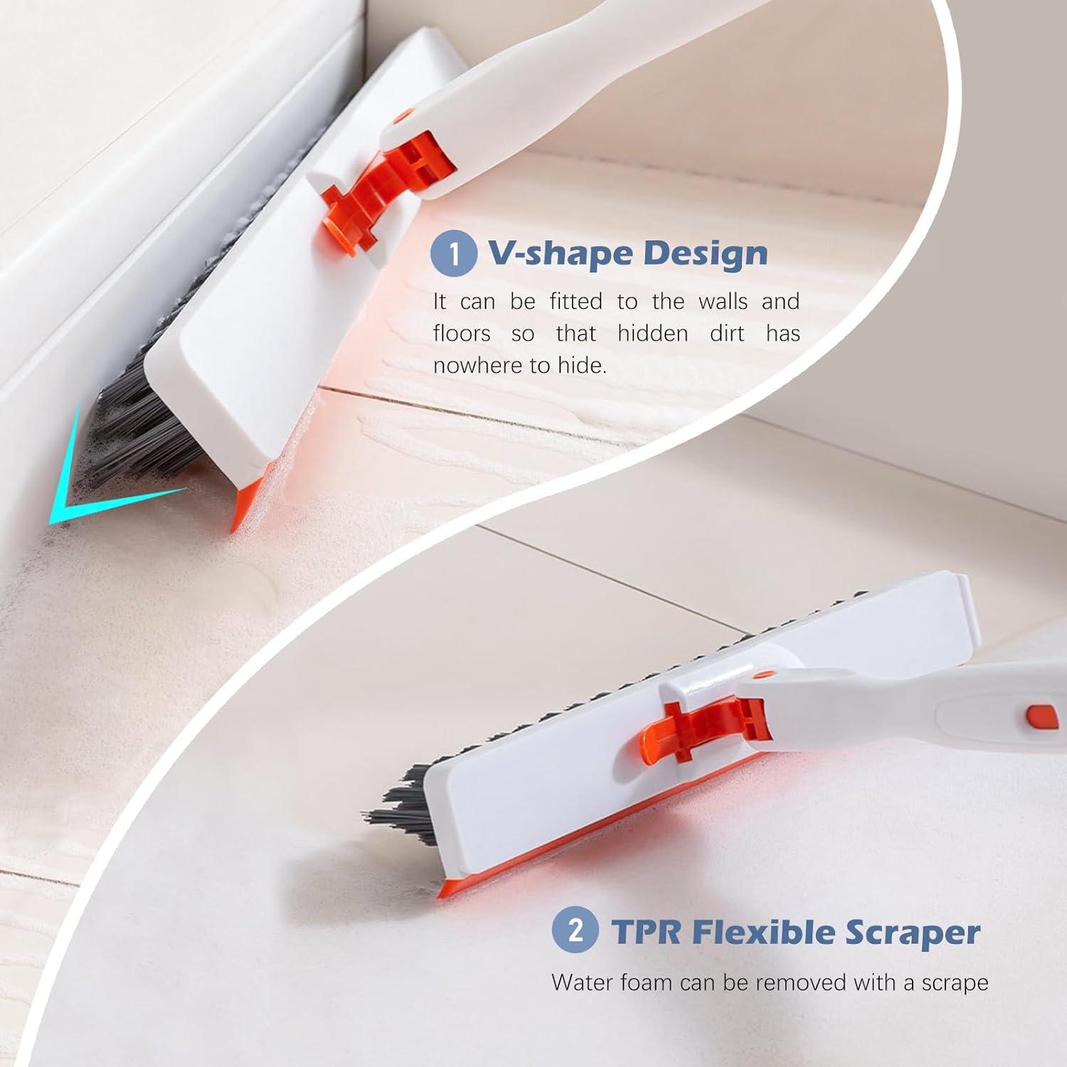 imageSetSail 4in1 Tile Tub Floor Scrubber with 52inch Long Adjustable Handle Shower Cleaner Brush with VShaped Grout Brush and 3 Replacement Brush Heads for Bathroom Kitchen Sink Walls Tub Tile GreyOrange