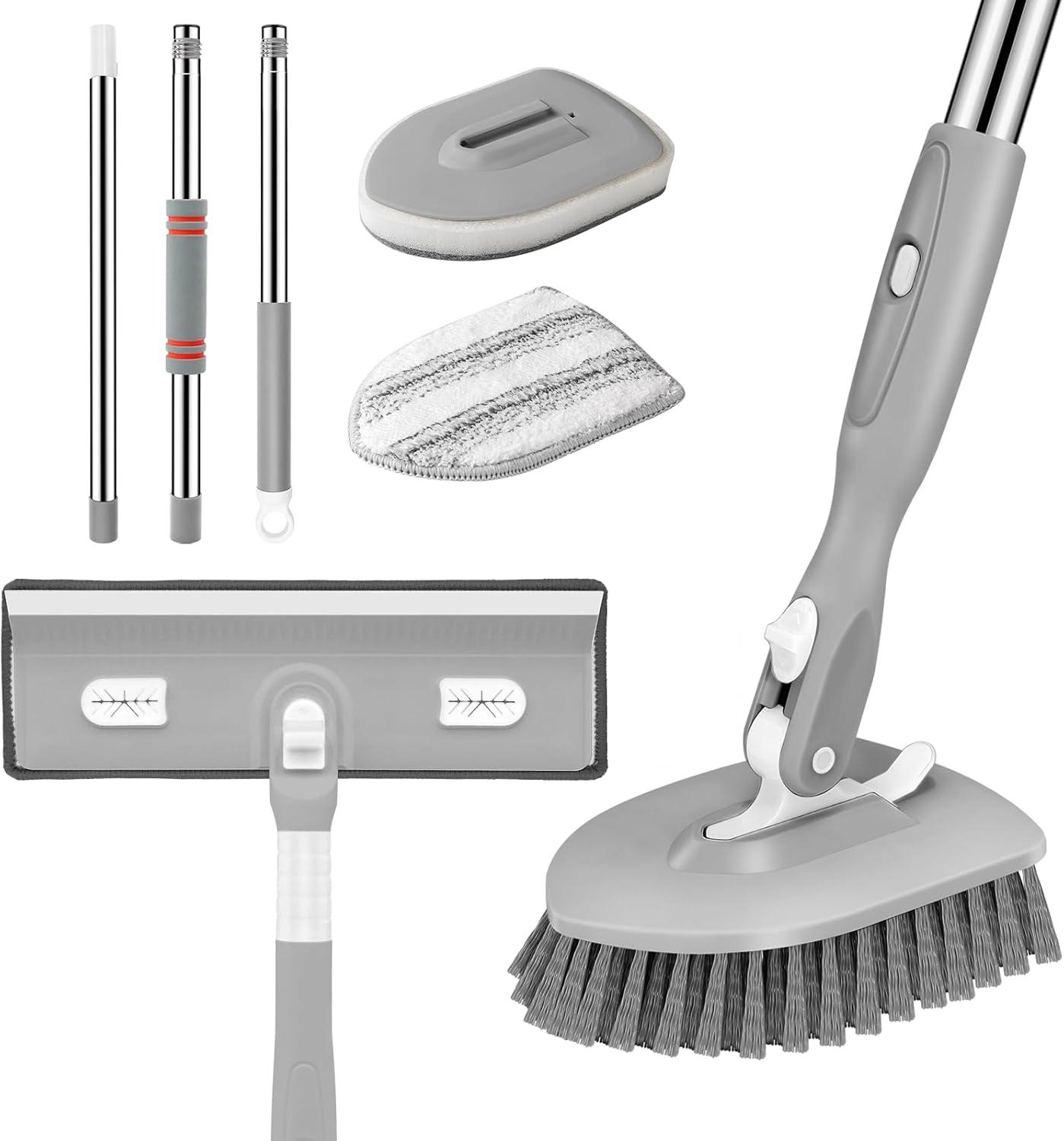 imageSetSail 4in1 Tile Tub Floor Scrubber with 52inch Long Adjustable Handle Shower Cleaner Brush with VShaped Grout Brush and 3 Replacement Brush Heads for Bathroom Kitchen Sink Walls Tub Tile GreyGray