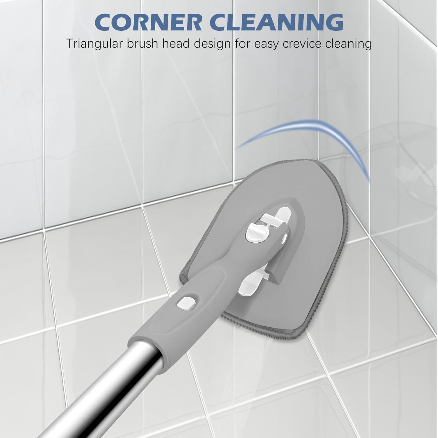 imageSetSail 4in1 Tile Tub Floor Scrubber with 52inch Long Adjustable Handle Shower Cleaner Brush with VShaped Grout Brush and 3 Replacement Brush Heads for Bathroom Kitchen Sink Walls Tub Tile GreyGray