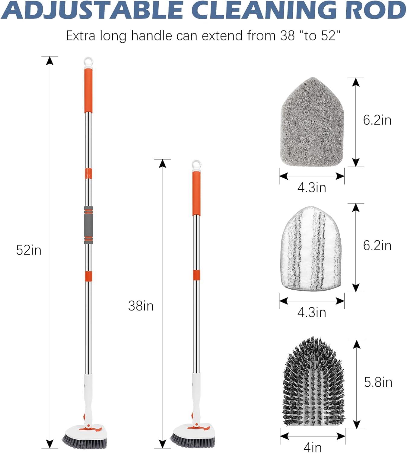 imageSetSail 4in1 Tile Tub Floor Scrubber with 52inch Long Adjustable Handle Shower Cleaner Brush with VShaped Grout Brush and 3 Replacement Brush Heads for Bathroom Kitchen Sink Walls Tub Tile GreyOrange