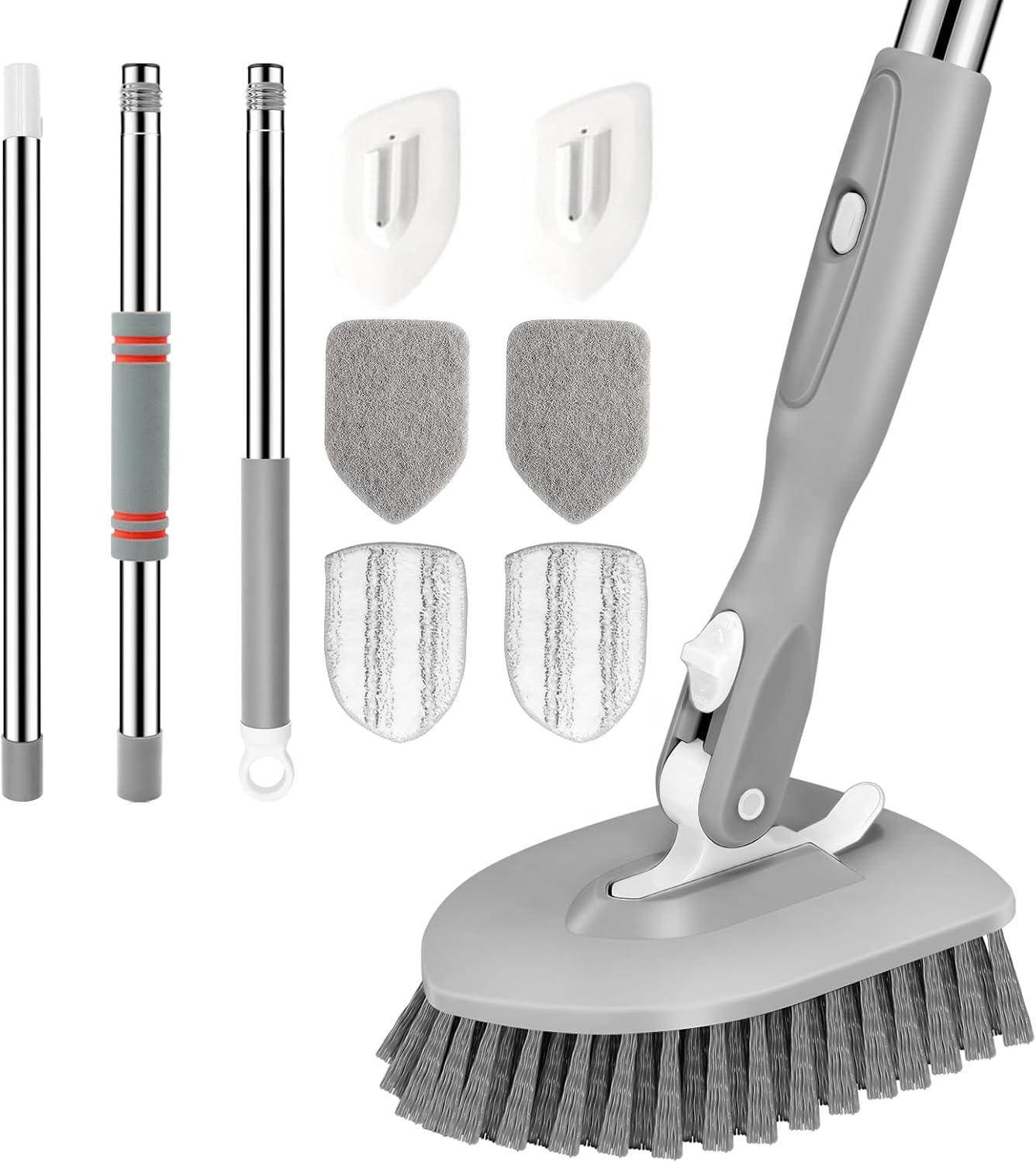 imageSetSail 4in1 Tile Tub Floor Scrubber with 52inch Long Adjustable Handle Shower Cleaner Brush with VShaped Grout Brush and 3 Replacement Brush Heads for Bathroom Kitchen Sink Walls Tub Tile GreyGray