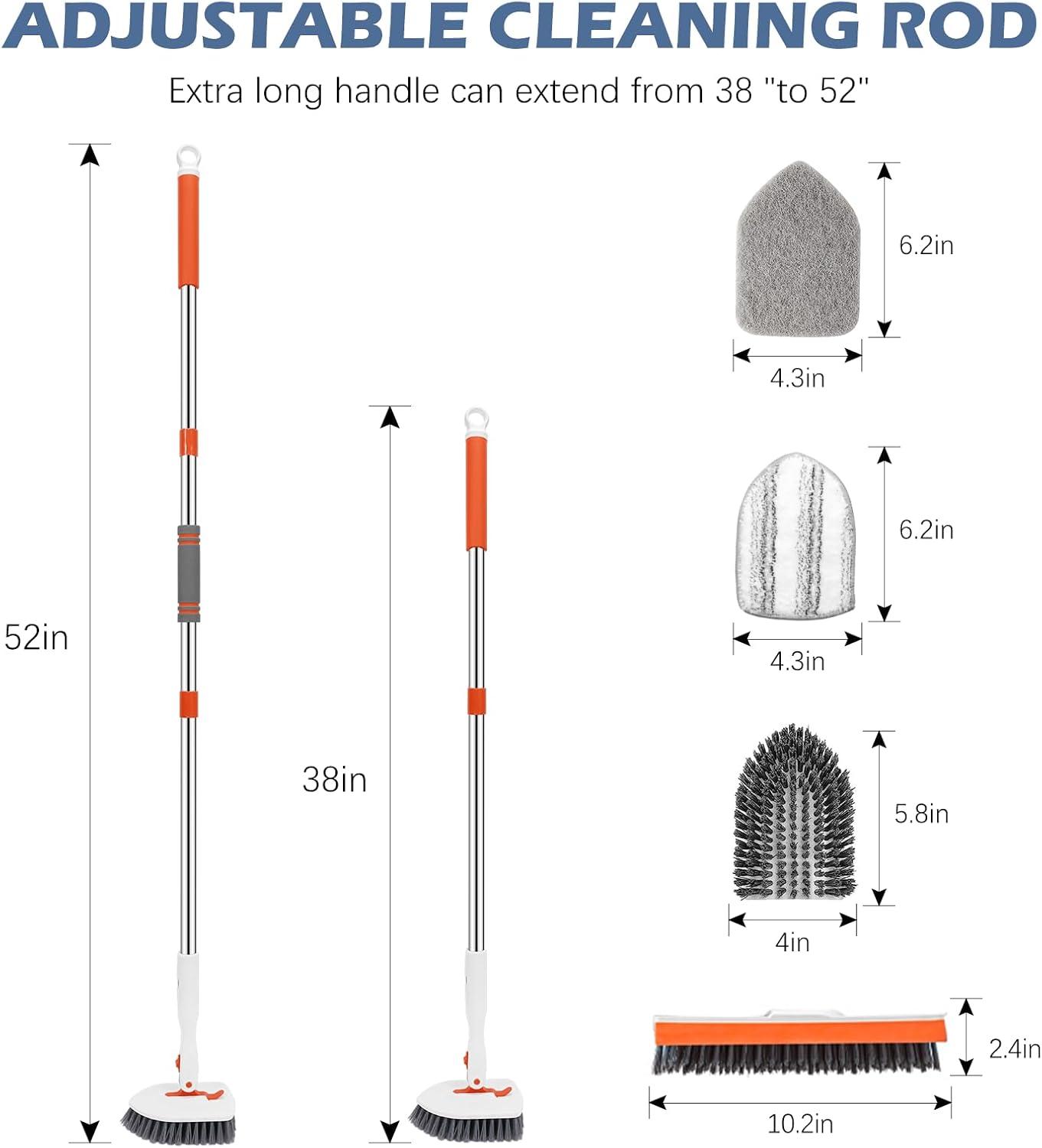 imageSetSail 4in1 Tile Tub Floor Scrubber with 52inch Long Adjustable Handle Shower Cleaner Brush with VShaped Grout Brush and 3 Replacement Brush Heads for Bathroom Kitchen Sink Walls Tub Tile GreyOrange