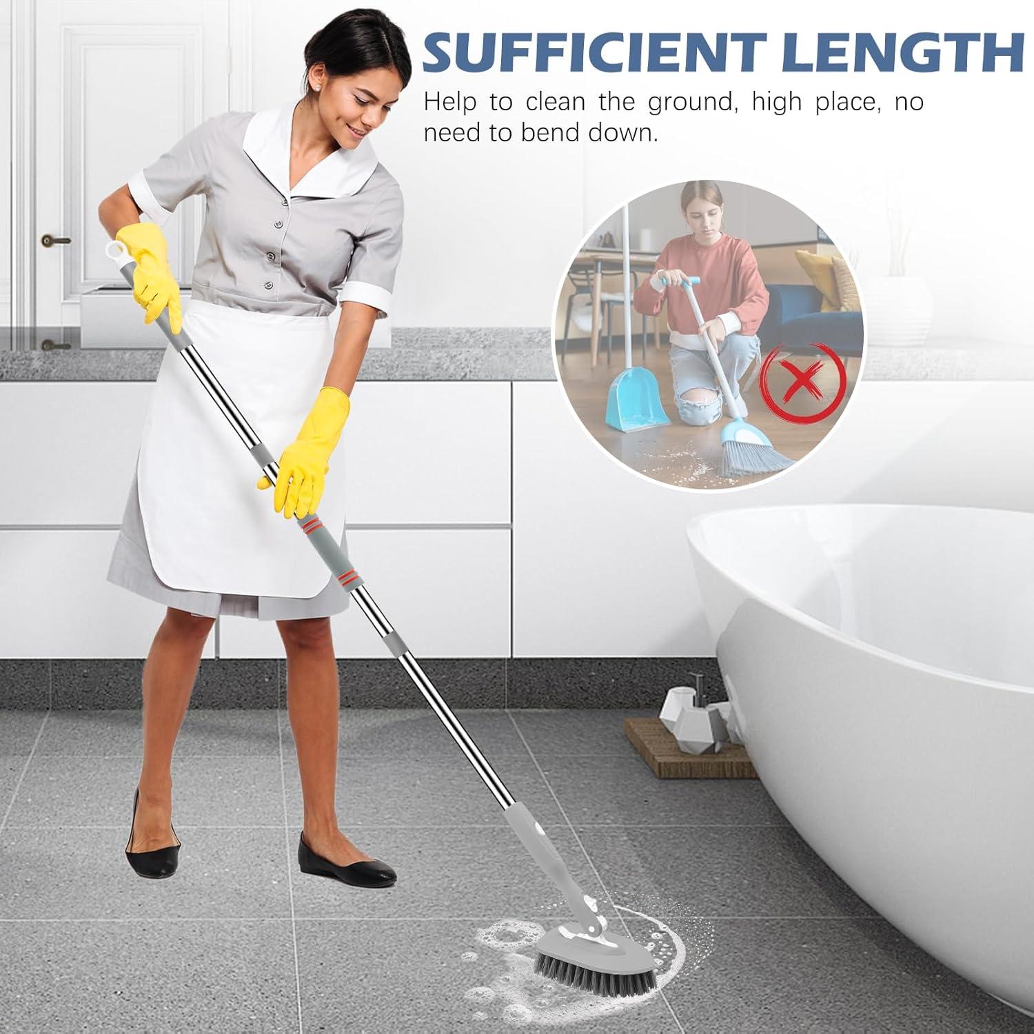 imageSetSail 4in1 Tile Tub Floor Scrubber with 52inch Long Adjustable Handle Shower Cleaner Brush with VShaped Grout Brush and 3 Replacement Brush Heads for Bathroom Kitchen Sink Walls Tub Tile GreyGray