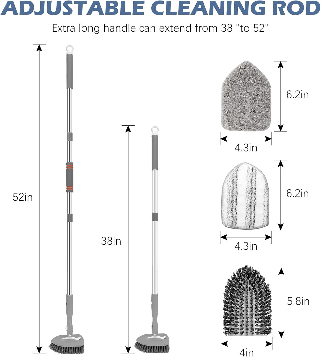 imageSetSail 4in1 Tile Tub Floor Scrubber with 52inch Long Adjustable Handle Shower Cleaner Brush with VShaped Grout Brush and 3 Replacement Brush Heads for Bathroom Kitchen Sink Walls Tub Tile GreyGray