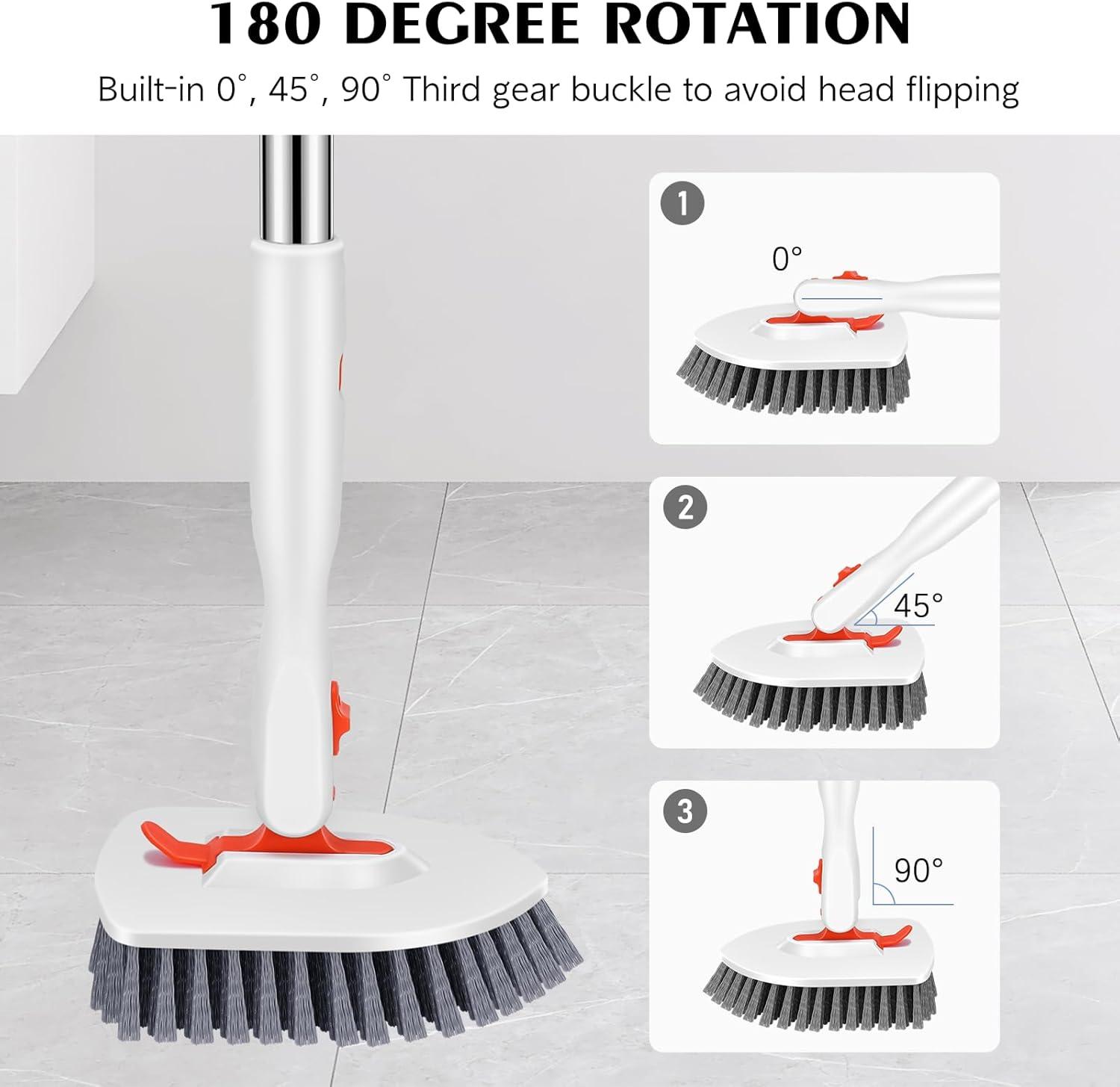 imageSetSail 4in1 Tile Tub Floor Scrubber with 52inch Long Adjustable Handle Shower Cleaner Brush with VShaped Grout Brush and 3 Replacement Brush Heads for Bathroom Kitchen Sink Walls Tub Tile GreyOrange
