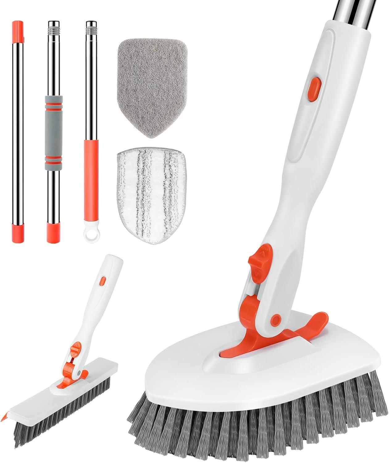imageSetSail 4in1 Tile Tub Floor Scrubber with 52inch Long Adjustable Handle Shower Cleaner Brush with VShaped Grout Brush and 3 Replacement Brush Heads for Bathroom Kitchen Sink Walls Tub Tile GreyOrange