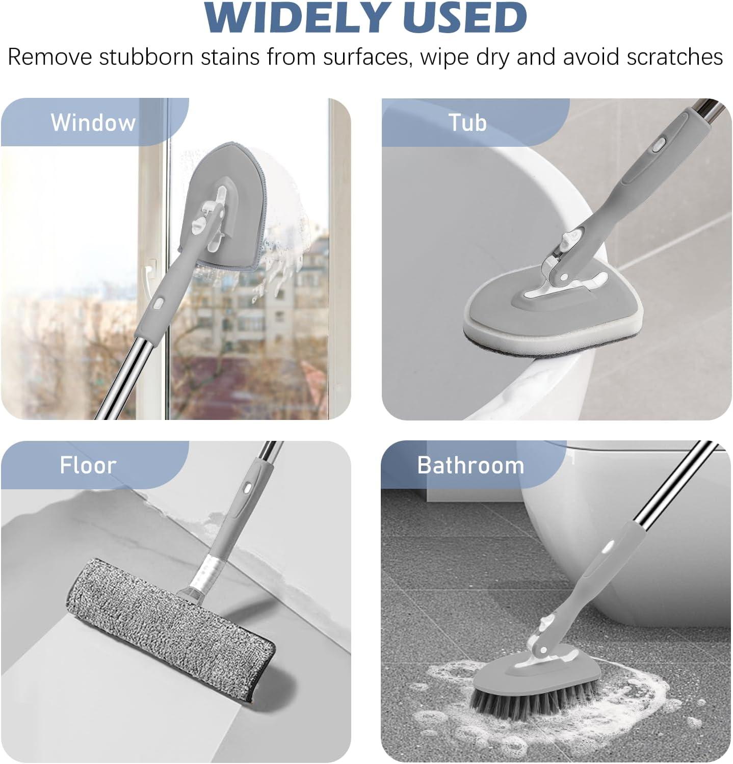 imageSetSail 4in1 Tile Tub Floor Scrubber with 52inch Long Adjustable Handle Shower Cleaner Brush with VShaped Grout Brush and 3 Replacement Brush Heads for Bathroom Kitchen Sink Walls Tub Tile GreyGray