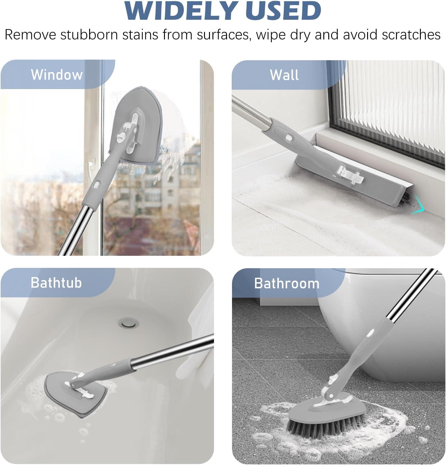 imageSetSail 4in1 Tile Tub Floor Scrubber with 52inch Long Adjustable Handle Shower Cleaner Brush with VShaped Grout Brush and 3 Replacement Brush Heads for Bathroom Kitchen Sink Walls Tub Tile GreyGray
