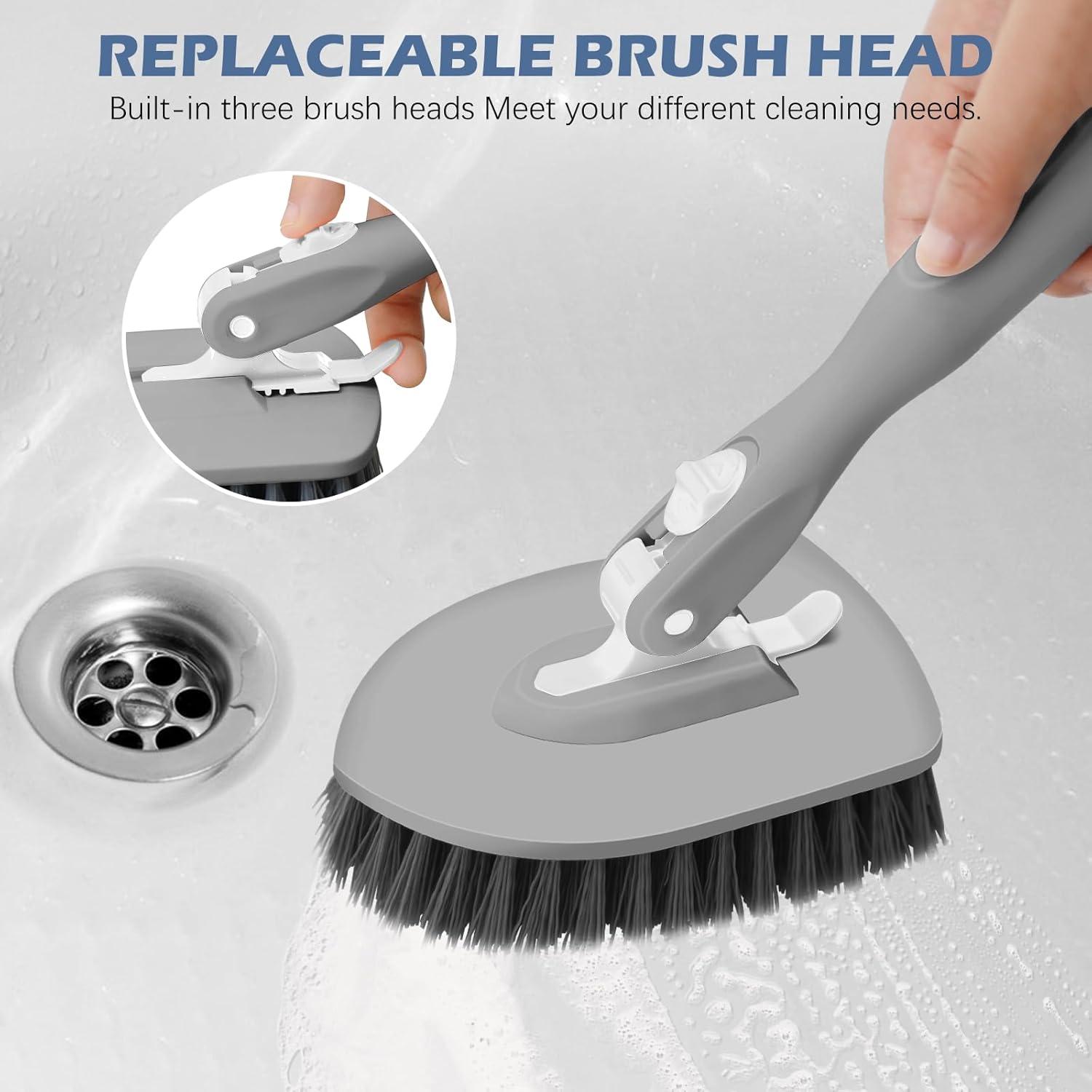 imageSetSail 4in1 Tile Tub Floor Scrubber with 52inch Long Adjustable Handle Shower Cleaner Brush with VShaped Grout Brush and 3 Replacement Brush Heads for Bathroom Kitchen Sink Walls Tub Tile GreyGray