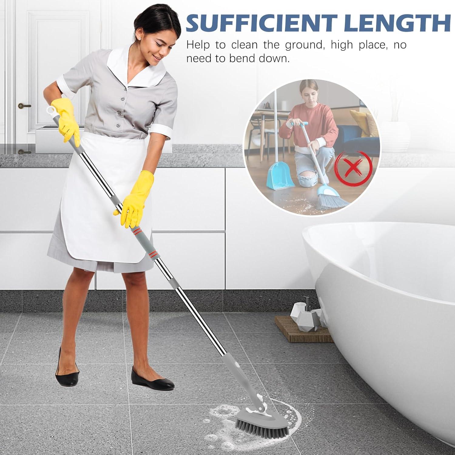 imageSetSail 4in1 Tile Tub Floor Scrubber with 52inch Long Adjustable Handle Shower Cleaner Brush with VShaped Grout Brush and 3 Replacement Brush Heads for Bathroom Kitchen Sink Walls Tub Tile GreyGray