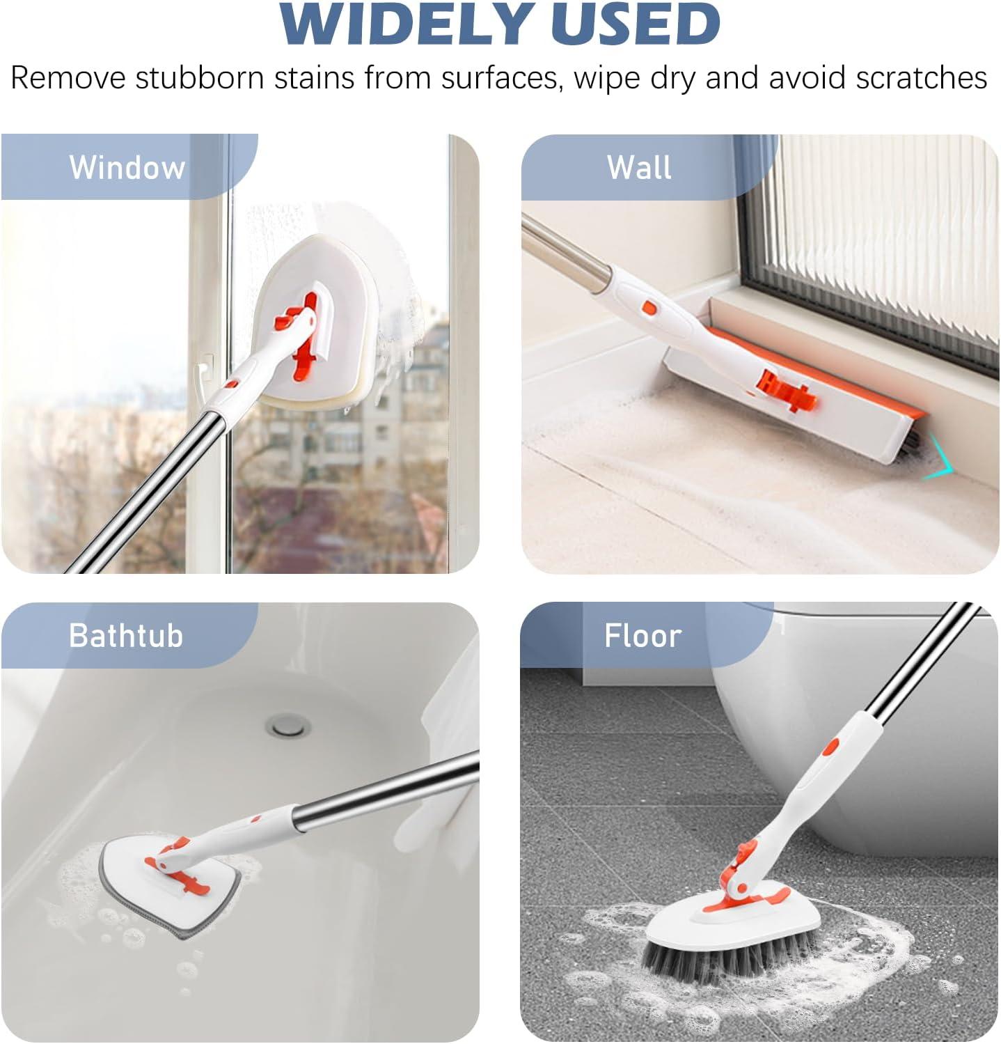 imageSetSail 4in1 Tile Tub Floor Scrubber with 52inch Long Adjustable Handle Shower Cleaner Brush with VShaped Grout Brush and 3 Replacement Brush Heads for Bathroom Kitchen Sink Walls Tub Tile GreyOrange