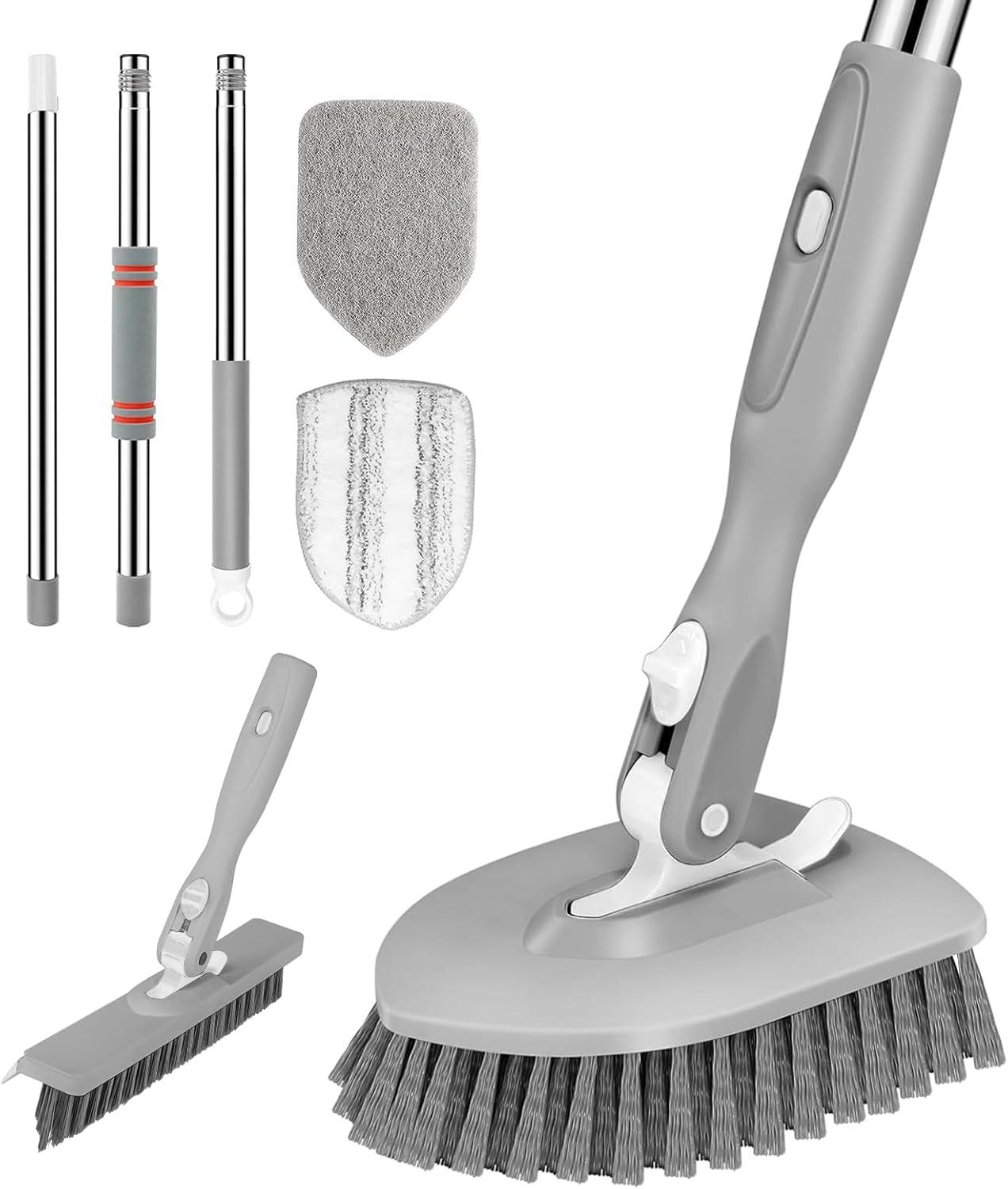imageSetSail 4in1 Tile Tub Floor Scrubber with 52inch Long Adjustable Handle Shower Cleaner Brush with VShaped Grout Brush and 3 Replacement Brush Heads for Bathroom Kitchen Sink Walls Tub Tile GreyGray