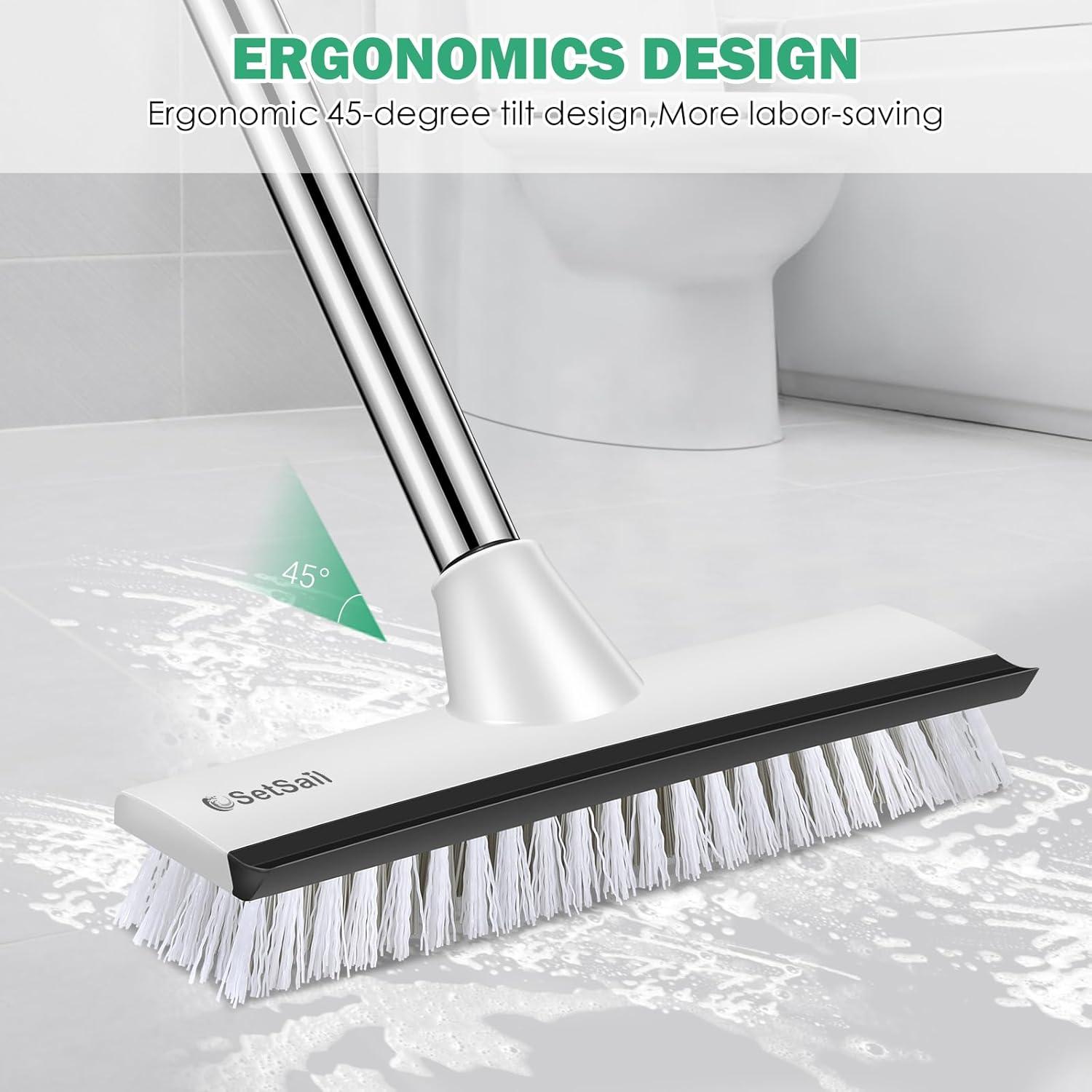 imageSetSail Floor Scrub Brush with 51Inch Long Adjustable Handle 2 in 1 Scrape Brush Stiff Bristle Floor Scrubber for Cleaning Shower Bathroom Garage Kitchen Wall Deck Tub Tile 2 PackBlack White