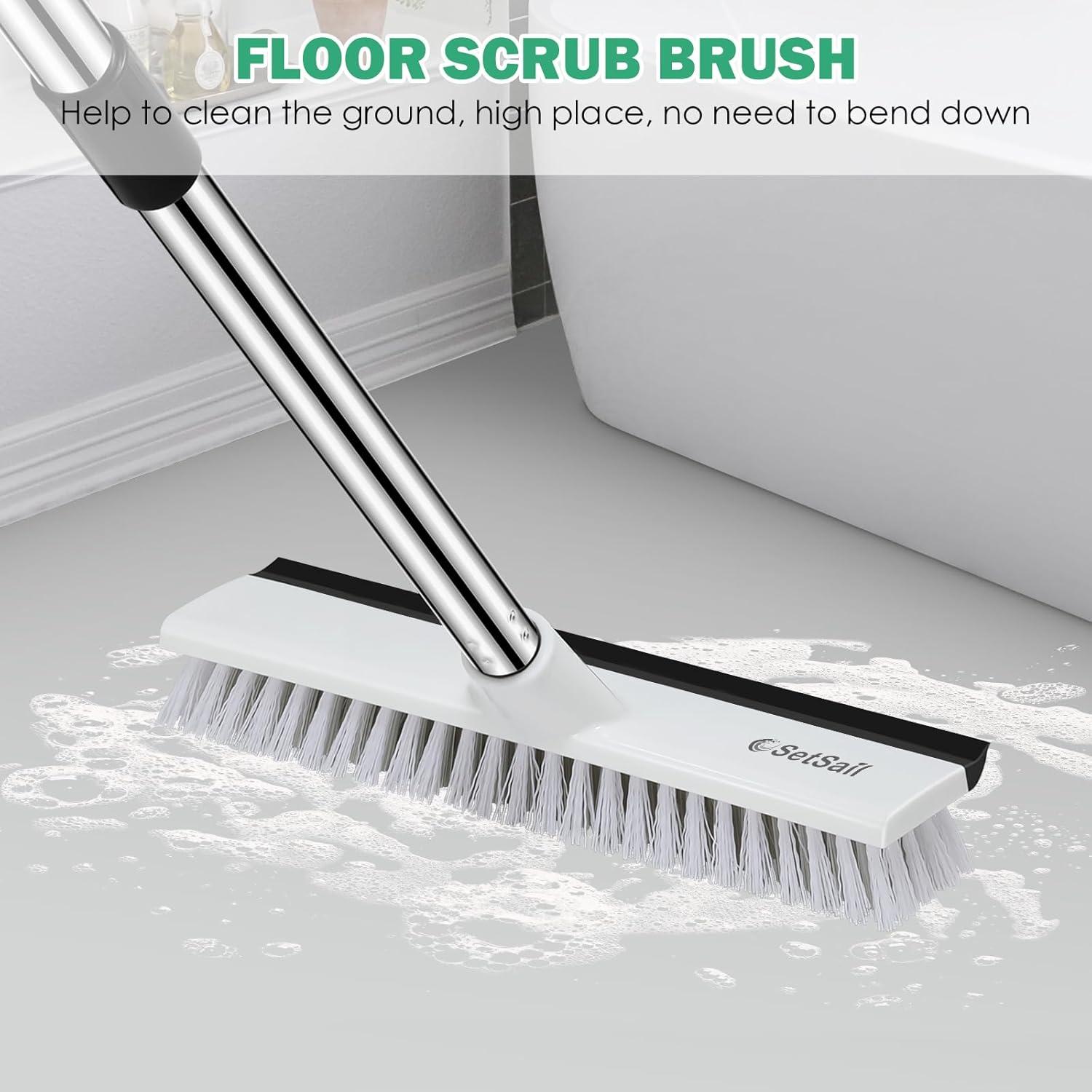 imageSetSail Floor Scrub Brush with 51Inch Long Adjustable Handle 2 in 1 Scrape Brush Stiff Bristle Floor Scrubber for Cleaning Shower Bathroom Garage Kitchen Wall Deck Tub Tile 2 PackBlack White