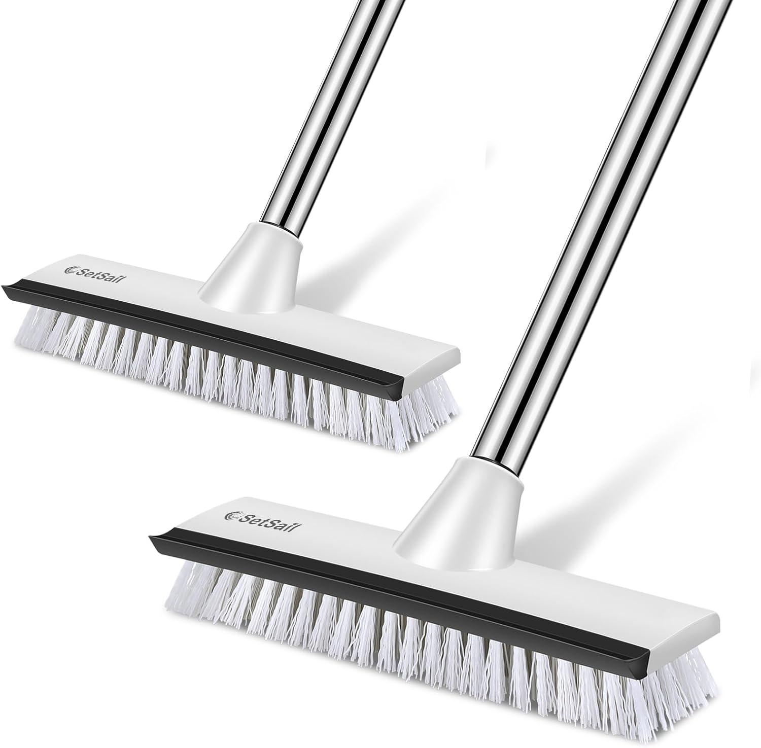 imageSetSail Floor Scrub Brush with 51Inch Long Adjustable Handle 2 in 1 Scrape Brush Stiff Bristle Floor Scrubber for Cleaning Shower Bathroom Garage Kitchen Wall Deck Tub Tile 2 PackBlack White