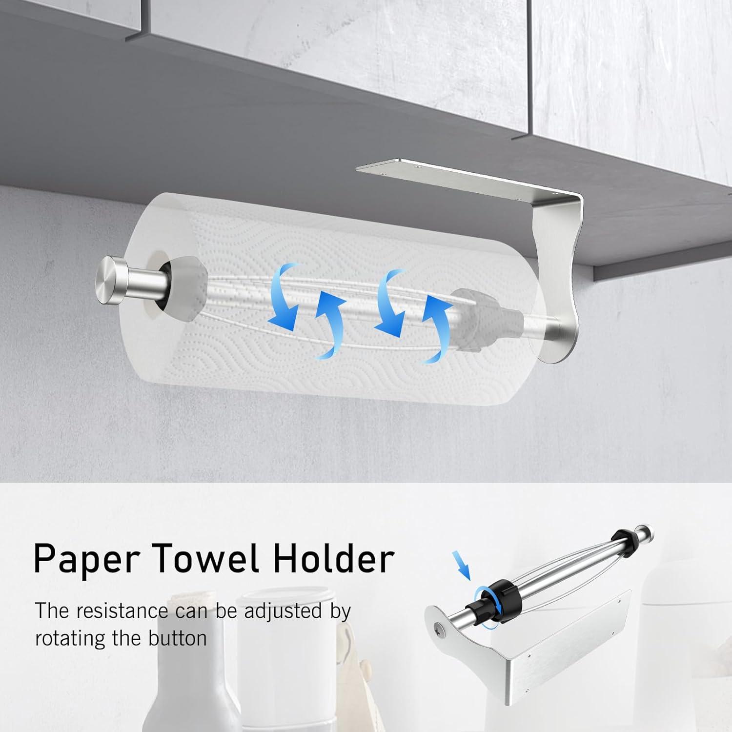 imageSetSail Paper Towel Holder Paper Towel Holder Under Cabinet with Adjustable Damper Easy Tear Wall Mount SelfAdhesive or Drilled for Kitchen Bathroom WhiteSilver