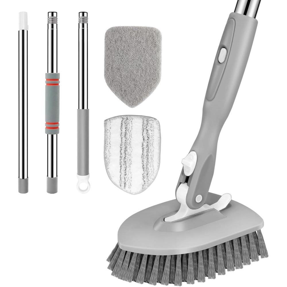 imageSetSail 4in1 Tile Tub Floor Scrubber with 52inch Long Adjustable Handle Shower Cleaner Brush with VShaped Grout Brush and 3 Replacement Brush Heads for Bathroom Kitchen Sink Walls Tub Tile GreyGray