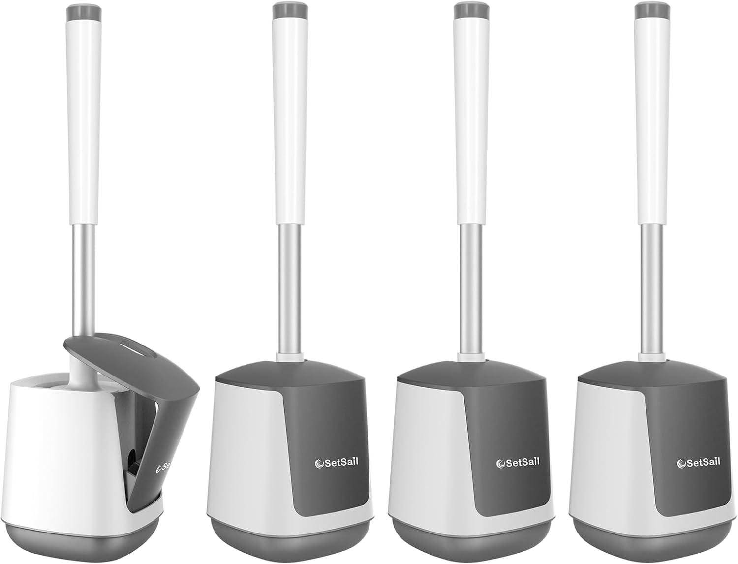 imageSetSail Toilet Brush and Holder 4 Pack Self Closing Lid Toilet Bowl Brushes Holder Extra Long Handle Ventilated Toilet Brush Set for Bathroom Cleaning Nylon Bristles GreyWhite  Grey