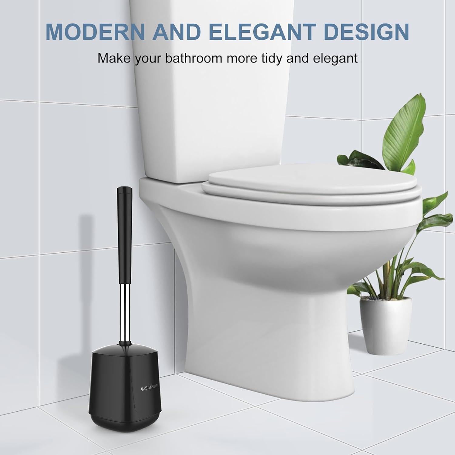 imageSetSail Toilet Brush and Holder 4 Pack Self Closing Lid Toilet Bowl Brushes Holder Extra Long Handle Ventilated Toilet Brush Set for Bathroom Cleaning Nylon Bristles GreyBlack