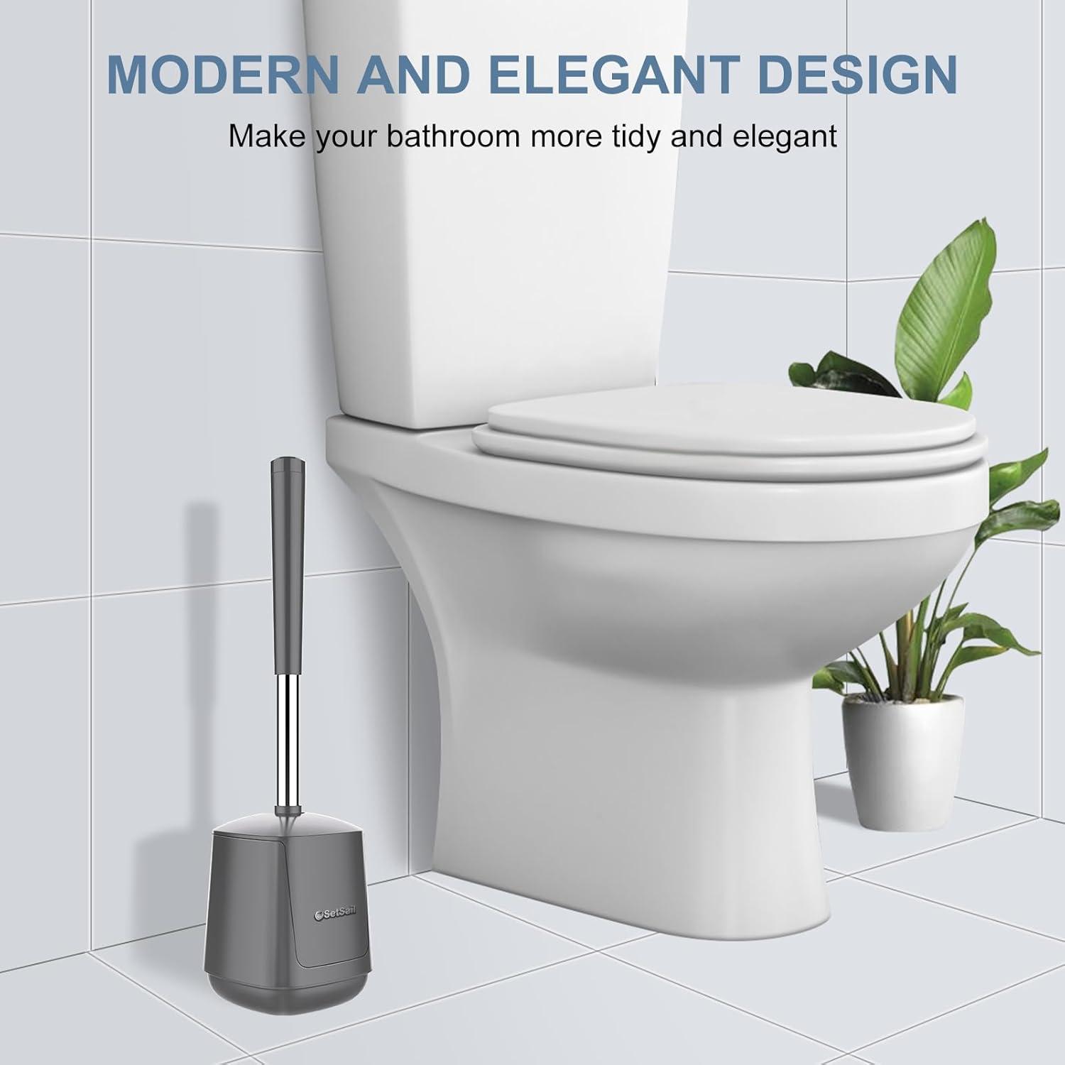 imageSetSail Toilet Brush and Holder 4 Pack Self Closing Lid Toilet Bowl Brushes Holder Extra Long Handle Ventilated Toilet Brush Set for Bathroom Cleaning Nylon Bristles GreyGray
