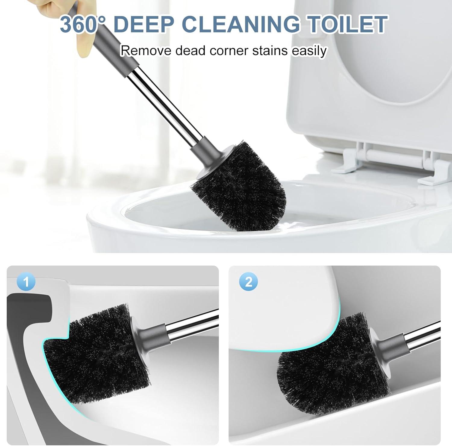 imageSetSail Toilet Brush and Holder 4 Pack Self Closing Lid Toilet Bowl Brushes Holder Extra Long Handle Ventilated Toilet Brush Set for Bathroom Cleaning Nylon Bristles GreyGray