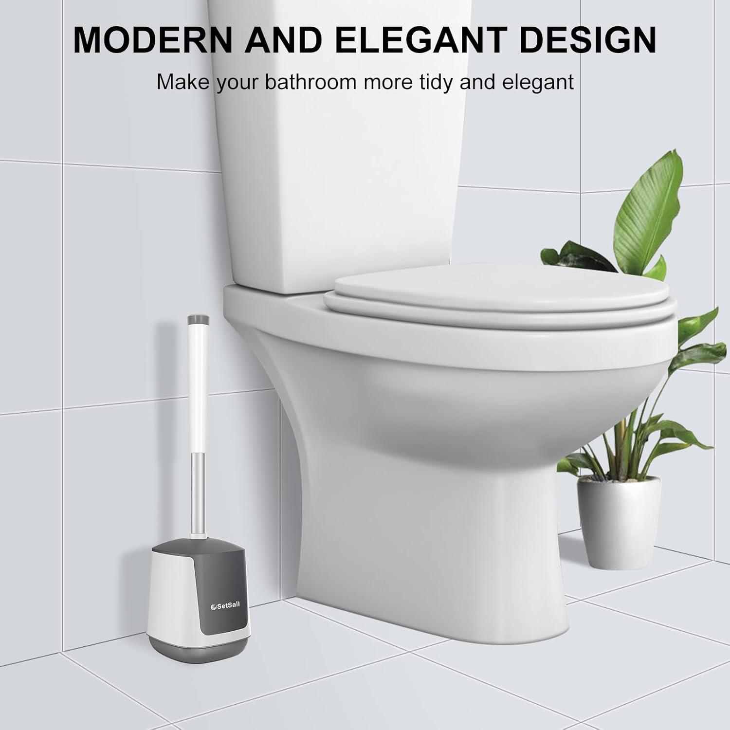 imageSetSail Toilet Brush and Holder 4 Pack Self Closing Lid Toilet Bowl Brushes Holder Extra Long Handle Ventilated Toilet Brush Set for Bathroom Cleaning Nylon Bristles GreyWhite  Grey