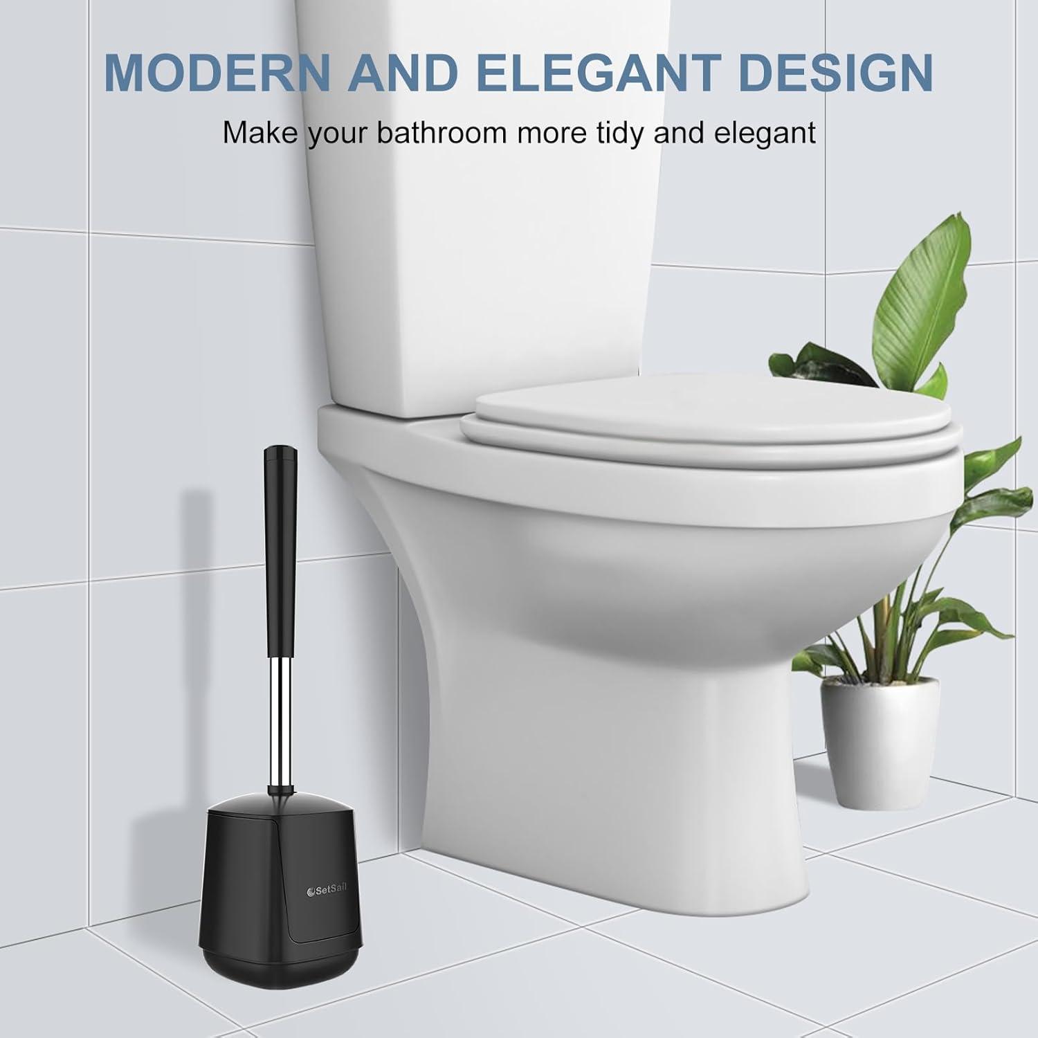 imageSetSail Toilet Brush and Holder 4 Pack Self Closing Lid Toilet Bowl Brushes Holder Extra Long Handle Ventilated Toilet Brush Set for Bathroom Cleaning Nylon Bristles GreyBlack