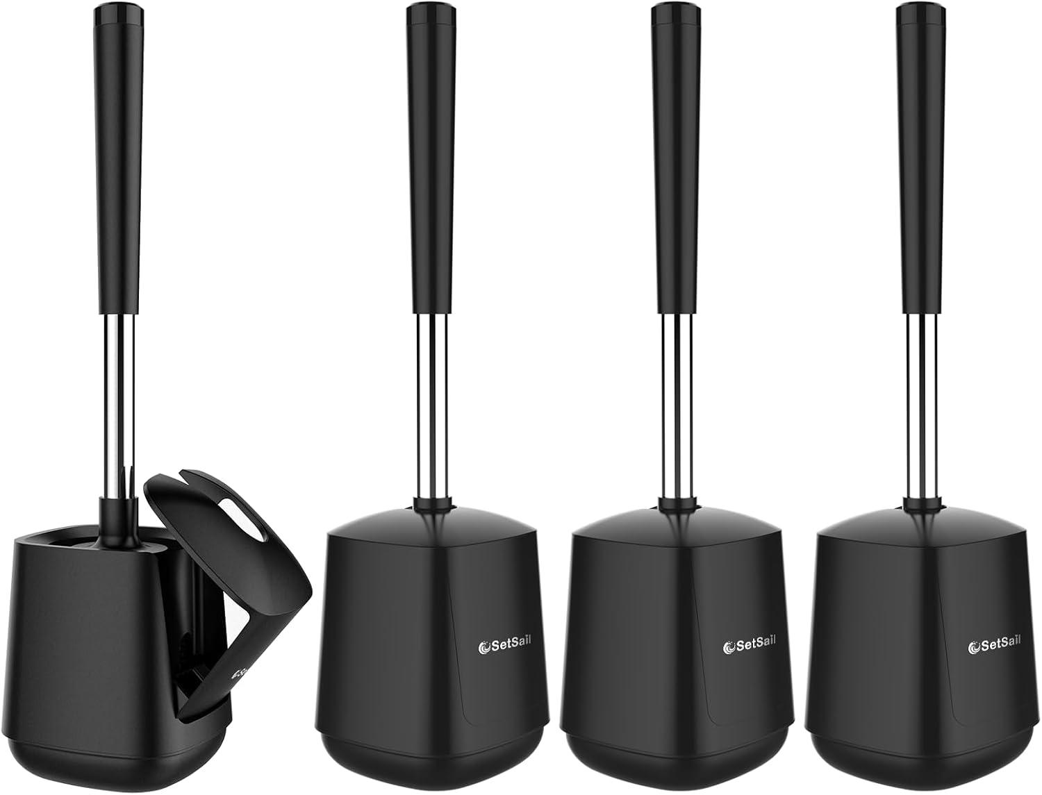 imageSetSail Toilet Brush and Holder 4 Pack Self Closing Lid Toilet Bowl Brushes Holder Extra Long Handle Ventilated Toilet Brush Set for Bathroom Cleaning Nylon Bristles GreyBlack