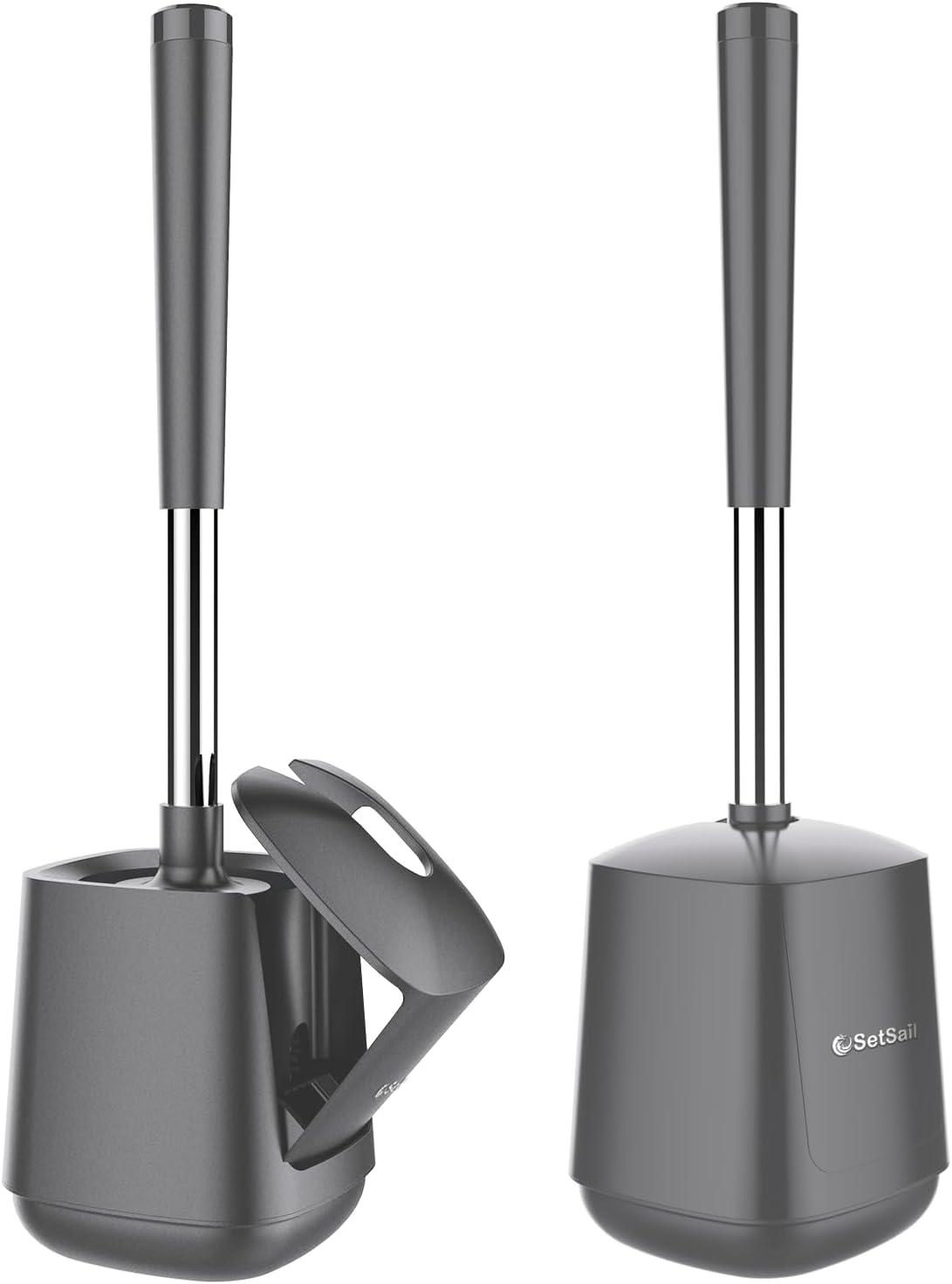 imageSetSail Toilet Brush and Holder 4 Pack Self Closing Lid Toilet Bowl Brushes Holder Extra Long Handle Ventilated Toilet Brush Set for Bathroom Cleaning Nylon Bristles GreyGray