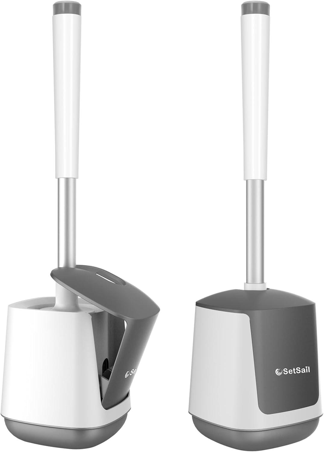 imageSetSail Toilet Brush and Holder 4 Pack Self Closing Lid Toilet Bowl Brushes Holder Extra Long Handle Ventilated Toilet Brush Set for Bathroom Cleaning Nylon Bristles GreyWhite  Grey