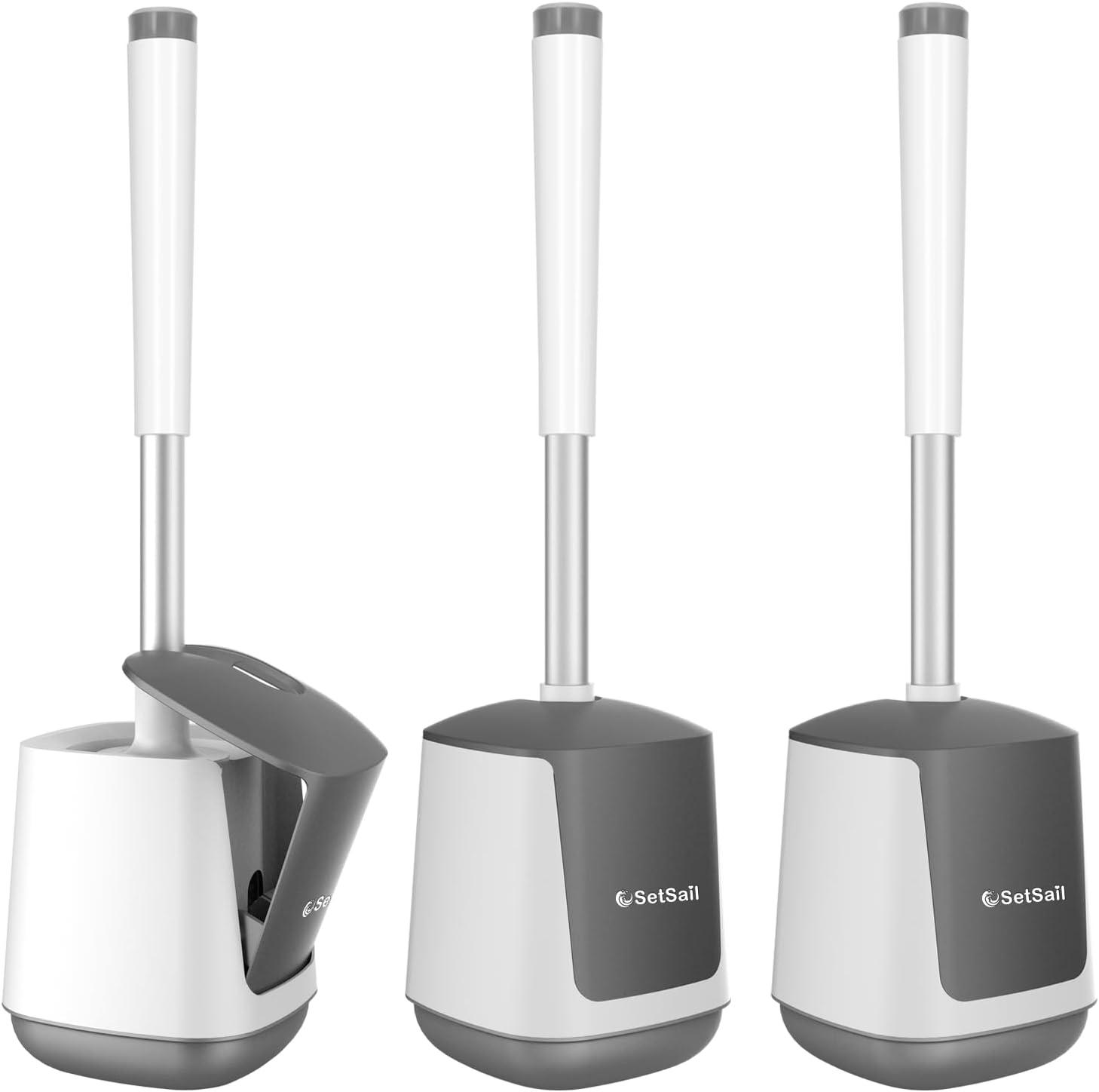 imageSetSail Toilet Brush and Holder 4 Pack Self Closing Lid Toilet Bowl Brushes Holder Extra Long Handle Ventilated Toilet Brush Set for Bathroom Cleaning Nylon Bristles GreyWhite  Grey