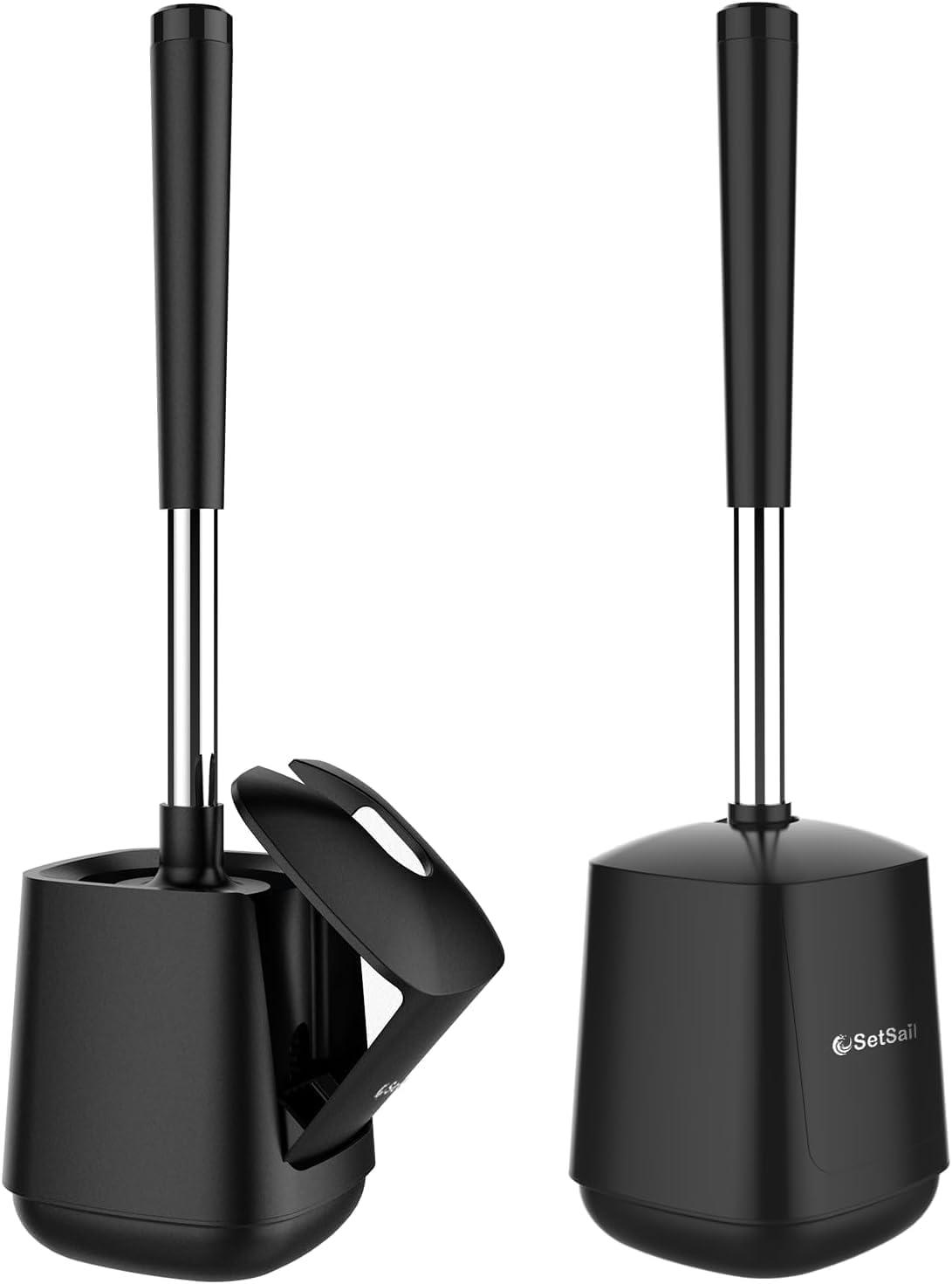 imageSetSail Toilet Brush and Holder 4 Pack Self Closing Lid Toilet Bowl Brushes Holder Extra Long Handle Ventilated Toilet Brush Set for Bathroom Cleaning Nylon Bristles GreyBlack