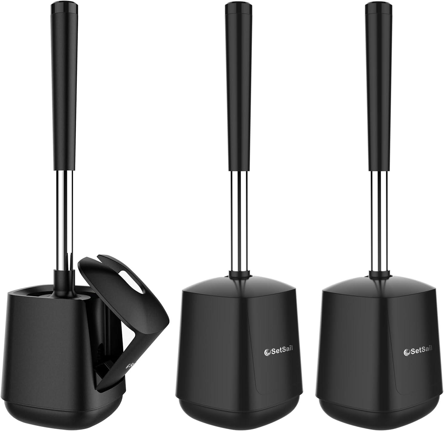 imageSetSail Toilet Brush and Holder 4 Pack Self Closing Lid Toilet Bowl Brushes Holder Extra Long Handle Ventilated Toilet Brush Set for Bathroom Cleaning Nylon Bristles GreyBlack