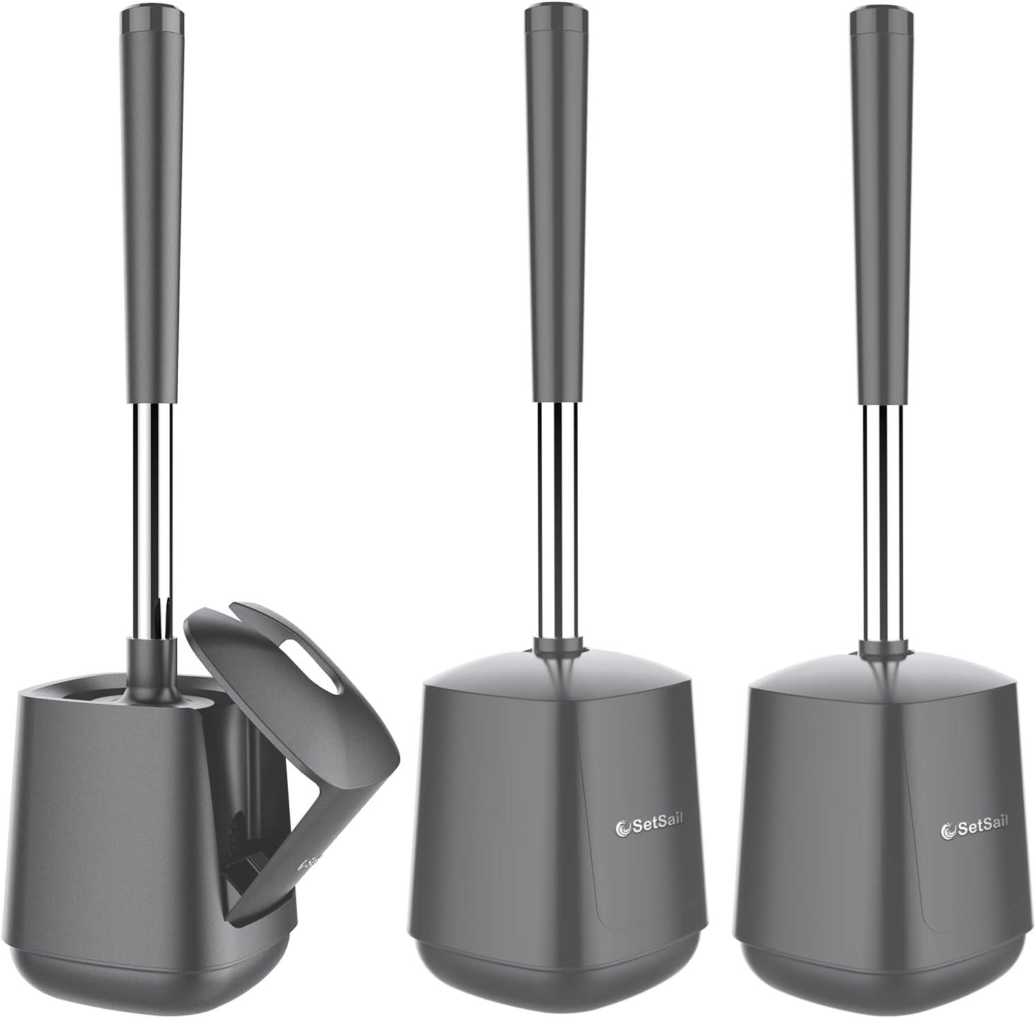 imageSetSail Toilet Brush and Holder 4 Pack Self Closing Lid Toilet Bowl Brushes Holder Extra Long Handle Ventilated Toilet Brush Set for Bathroom Cleaning Nylon Bristles GreyGray