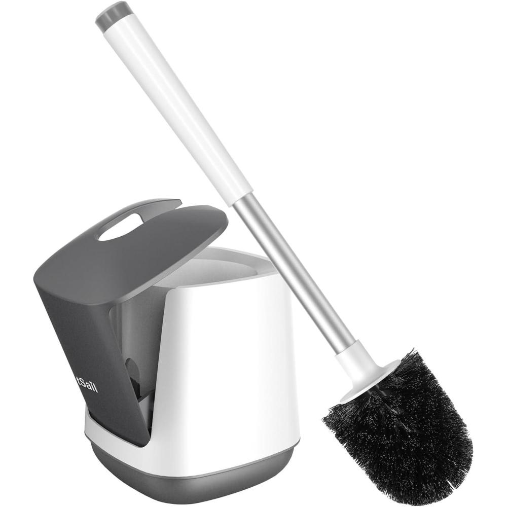 imageSetSail Toilet Brush and Holder 4 Pack Self Closing Lid Toilet Bowl Brushes Holder Extra Long Handle Ventilated Toilet Brush Set for Bathroom Cleaning Nylon Bristles GreyWhite  Grey